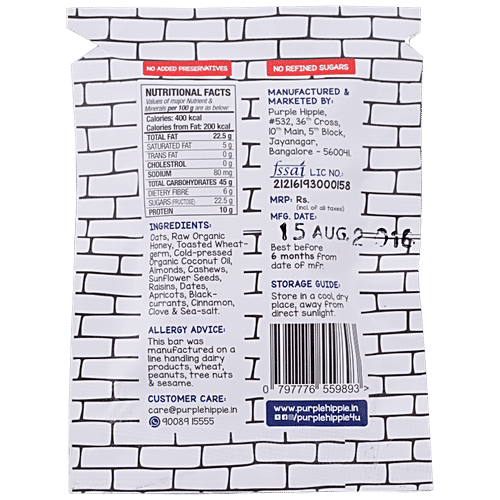 Purple Hippie Fruit & Nut Bar, 6 pcs  Zero Trans Fat, Zero Cholesterol