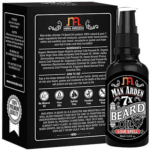 Man Arden 7X Beard Oil - Love Spell, 7 Premium Oils Blend Supports Beard Growth & Nourishment, 30 ml  Sulfate & Paraben Free