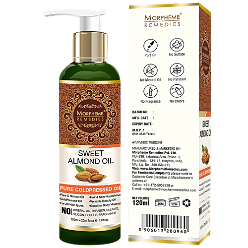 Morpheme Remedies Sweet Almond Oil - Pure Coldpressed Oil, 120 ml  No Mineral Oil, Paraben, Sulfate