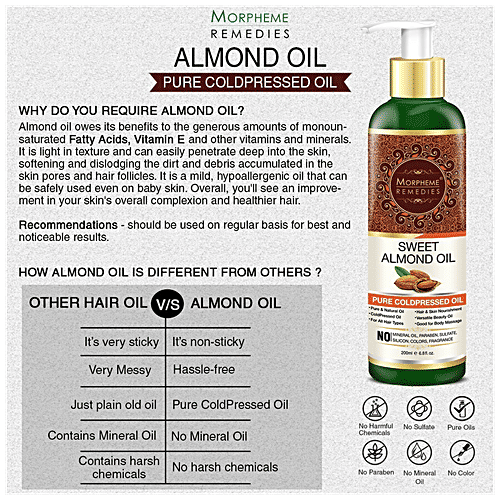 Morpheme Remedies Sweet Almond Oil - Pure Coldpressed Oil, 120 ml  No Mineral Oil, Paraben, Sulfate