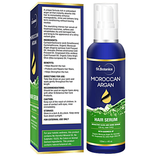 StBotanica Moroccan Argan Hair Serum - For All Hair Types, Bioactive Sleek And Shine Serum, No Harmful Mineral Oil, No Sulphate, 120 ml  No Harmful Mineral Oil, No Sulphate