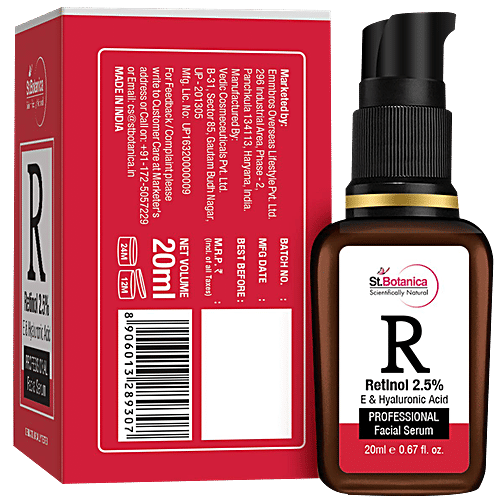 StBotanica Professional Facial Serum - Retinol 2.5% + Vitamin E, C & Hyaluronic Acid, Softens & Heals Skin, No Parabens, No Silicones, 20 ml  No Parabens, No Silicones