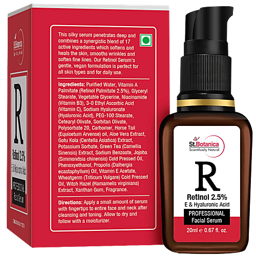 StBotanica Professional Facial Serum - Retinol 2.5% + Vitamin E, C & Hyaluronic Acid, Softens & Heals Skin, No Parabens, No Silicones, 20 ml  No Parabens, No Silicones