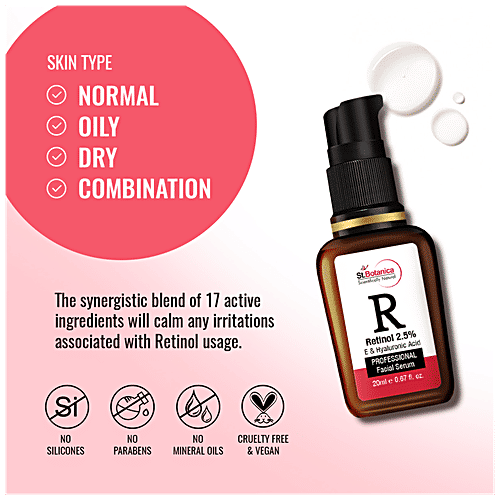StBotanica Professional Facial Serum - Retinol 2.5% + Vitamin E, C & Hyaluronic Acid, Softens & Heals Skin, No Parabens, No Silicones, 20 ml  No Parabens, No Silicones