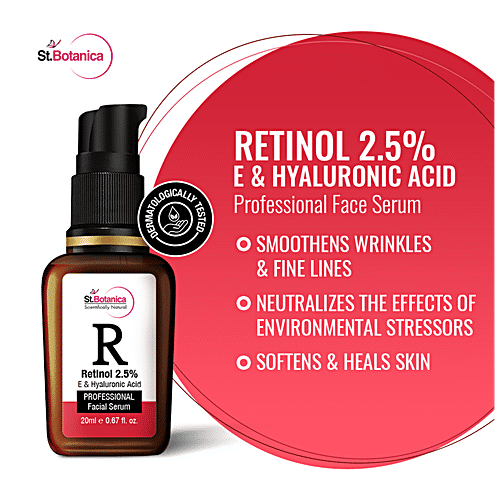 StBotanica Professional Facial Serum - Retinol 2.5% + Vitamin E, C & Hyaluronic Acid, Softens & Heals Skin, No Parabens, No Silicones, 20 ml  No Parabens, No Silicones