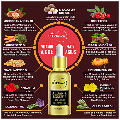 StBotanica Argan & Rosehip Face Serum - For Anti Ageing & Anti Wrinkle, Natural & Pure Oils, 30 ml  Natural & Pure Oils