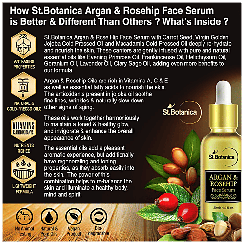 StBotanica Argan & Rosehip Face Serum - For Anti Ageing & Anti Wrinkle, Natural & Pure Oils, 30 ml  Natural & Pure Oils