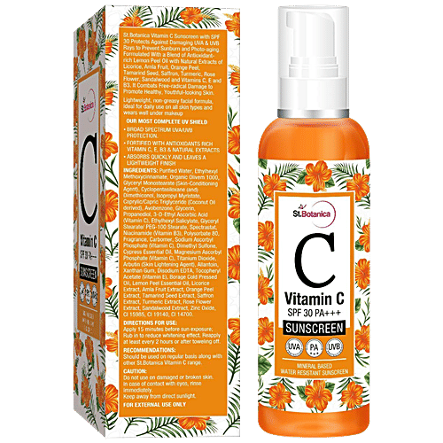 StBotanica Sunscreen Lotion - Vitamin C, SPF 30 PA + + + UVA UVB, Mineral Based Water Resistant, No Parabens, No Silicones, 120 ml  No Parabens, No Silicones