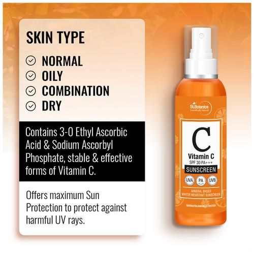 StBotanica Sunscreen Lotion - Vitamin C, SPF 30 PA + + + UVA UVB, Mineral Based Water Resistant, No Parabens, No Silicones, 120 ml  
