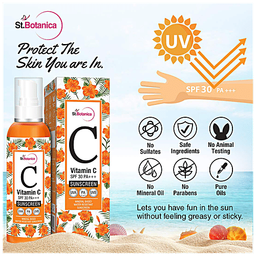 StBotanica Sunscreen Lotion - Vitamin C, SPF 30 PA + + + UVA UVB, Mineral Based Water Resistant, No Parabens, No Silicones, 120 ml  No Parabens, No Silicones