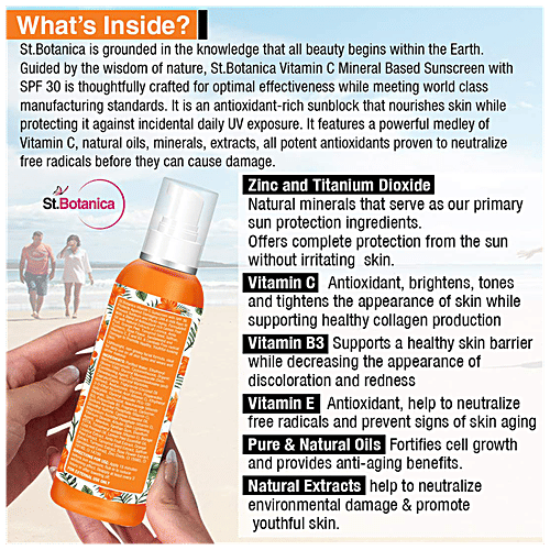 StBotanica Sunscreen Lotion - Vitamin C, SPF 30 PA + + + UVA UVB, Mineral Based Water Resistant, No Parabens, No Silicones, 120 ml  No Parabens, No Silicones