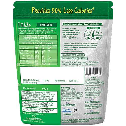 I'm lite 50% Less Calories Sugar/Sakhar, 500 g Pouch Natural Ingredients, Zero Fat