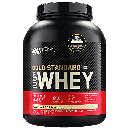 Optimum Nutrition Gold Standard Whey Protein Isolate - Vanilla Ice Cream, Muscle Recovery, 2.27 Kg Tub Muscle Recovery