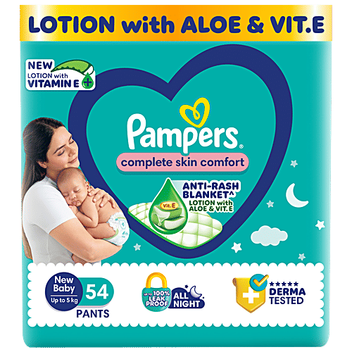 Pampers Complete Skin Comfort Diaper Pants - NB, Up To 5 Kg, 54 pcs Anti-Rash Blanket, Lotion With Vitamin E & Aloe Vera