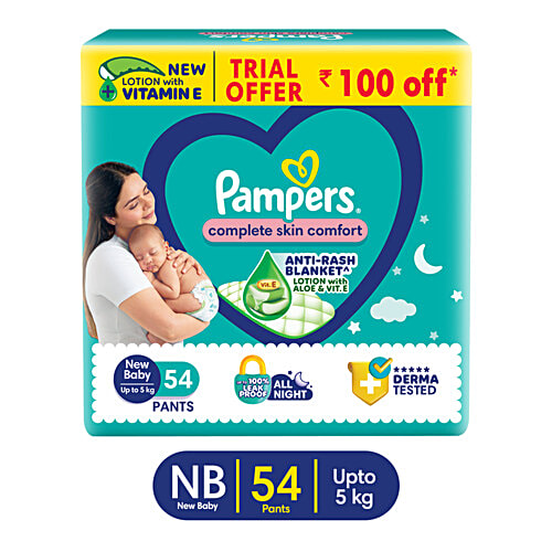 Pampers Complete Skin Comfort Diaper Pants - NB, Up To 5 Kg, 54 pcs Anti-Rash Blanket, Lotion With Vitamin E & Aloe Vera