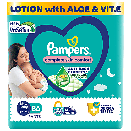 Pampers  Complete Skin Comfort Diaper Pants - NB, Up To 5 Kg, 86 pcs  Anti-Rash Blanket, Lotion With Vitamin E & Aloe Vera