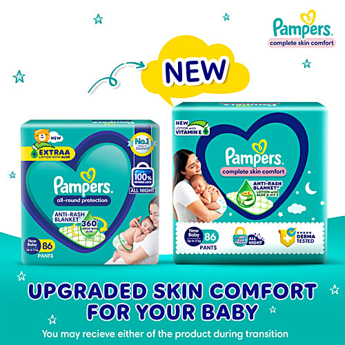 Pampers  Complete Skin Comfort Diaper Pants - NB, Up To 5 Kg, 86 pcs  Anti-Rash Blanket, Lotion With Vitamin E & Aloe Vera