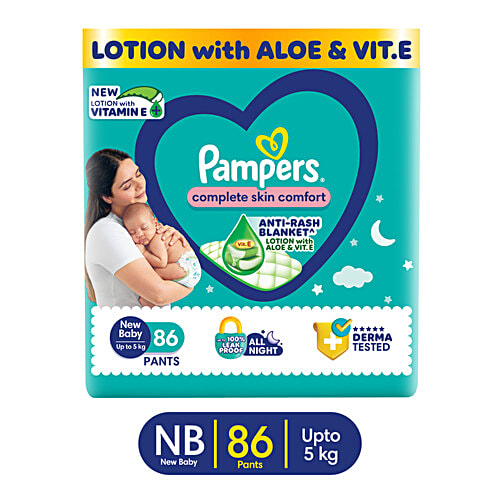 Pampers  Complete Skin Comfort Diaper Pants - NB, Up To 5 Kg, 86 pcs  Anti-Rash Blanket, Lotion With Vitamin E & Aloe Vera