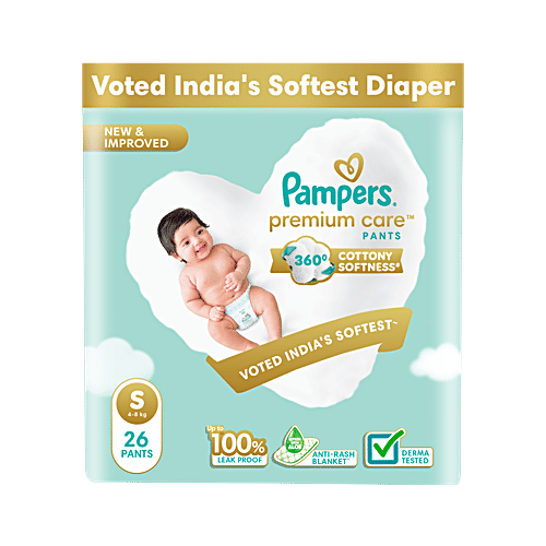 Pampers  Premium Care Diaper Pants - S, 26 pcs  Up to 100% Leak Proof, Anti-Rash Blanket, 360-Degree Cottony Softness