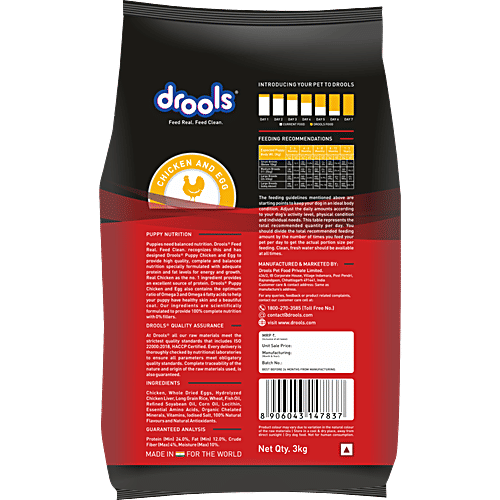 Drools Chicken & Egg Puppy Dog Dry Food, 3 kg (Get Free 1.2 Kg) Complete Balanced Diet