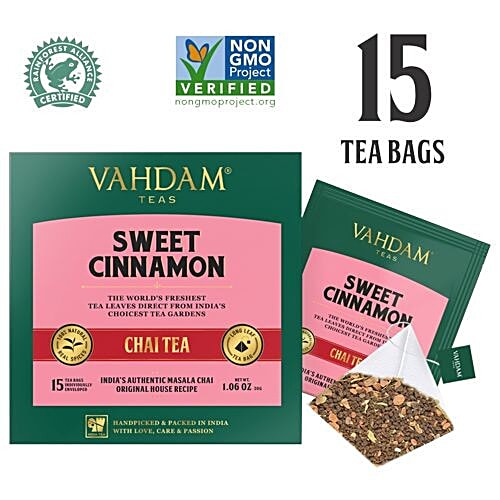 VAHDAM Sweet Cinnamon Masala Long Leaf Chai Tea - Pyramid Bags, 30 g (15 Bags x 2 g each) 