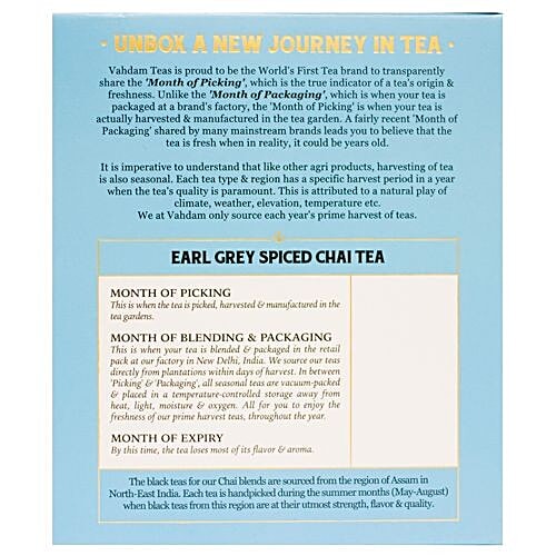 VAHDAM Organic Earl Grey Masala Long Leaf Chai Tea, 30 g (15 Pyramid Bags x 2 g each) 