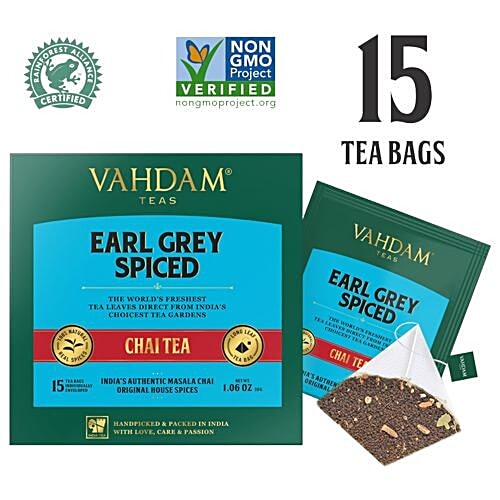 VAHDAM Organic Earl Grey Masala Long Leaf Chai Tea, 30 g (15 Pyramid Bags x 2 g each) 