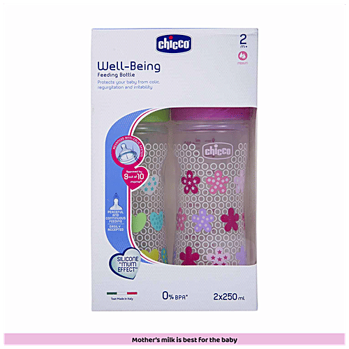 Chicco Well-being - Bipack Bottle, Silicone, Physio, Pink & Green, 250 ml (Set of 2) BPA Free