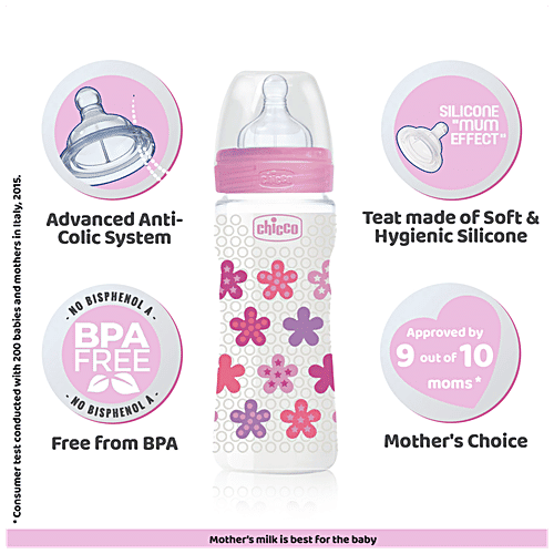 Chicco Well-being - Bipack Bottle, Silicone, Physio, Pink & Green, 250 ml (Set of 2) BPA Free