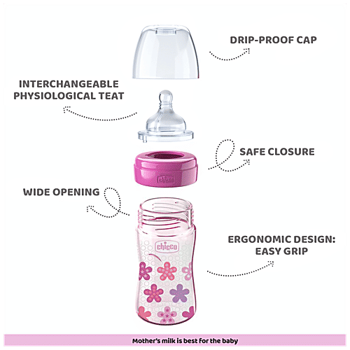 Chicco Well-being - Bipack Bottle, Silicone, Physio, Pink & Green, 250 ml (Set of 2) BPA Free