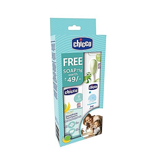 Chicco Combo Pack - Baby Toothbrush With Apple Banana Toothpaste, 3 pcs Get Free Glycerine Soap 75 gm 