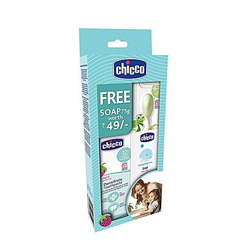 Chicco Combo Pack - Baby Toothbrush With Strawberry Toothpaste, 3 pcs Get Free Glycerine Soap 75 gm 