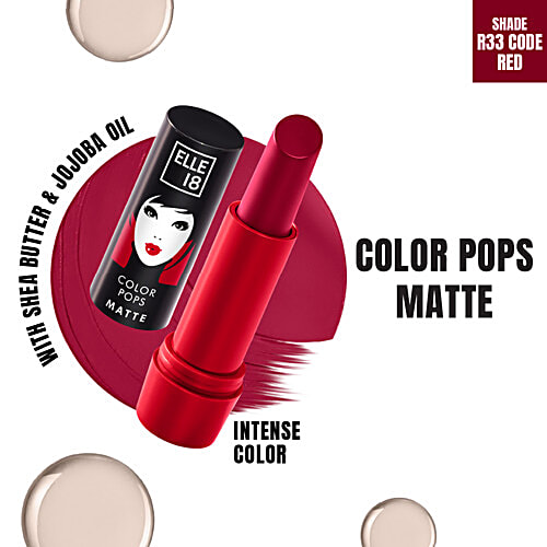Elle 18 Color Pops Matte Lip Colour, 4.3 g R33 Code Red Smooth Texture, Moisturising, Shea Butter & Jojoba Oil, Even Application