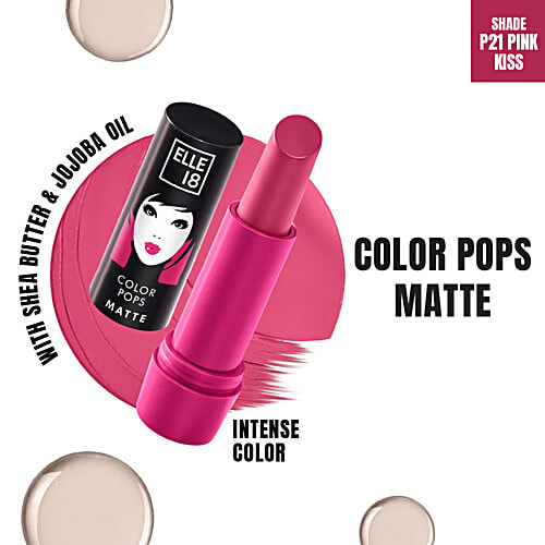 Elle 18 Color Pops Matte Lip Colour, 4.3 g P21 Pink Kiss Smooth Texture, Moisturising, Shea Butter & Jojoba Oil, Even Application