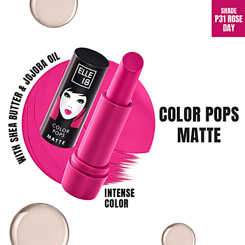Elle 18 Color Pops Matte Lip Colour, 4.3 g P31 Rose Day Smooth Texture, Moisturising, Shea Butter & Jojoba Oil, Even Application