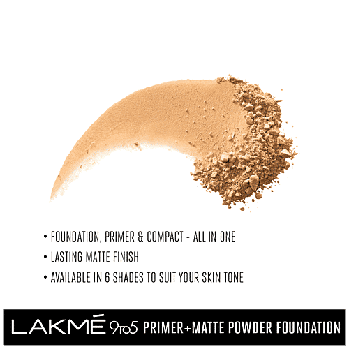 Lakme 9 to 5 Primer + Matte Powder Foundation Compact, 9 g Silky Golden 