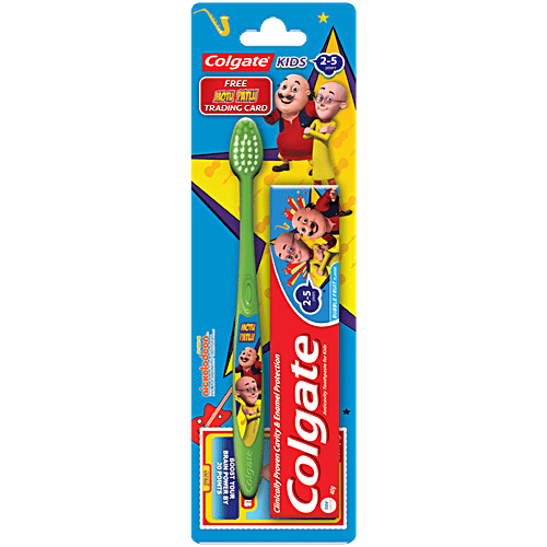 Colgate Kids Toothpaste Bubble Fruit Flavour & Motu Patlu Toothbrush - 2 To 5 Y, 2 pcs Clinically Proven Cavity & Enamel Protection