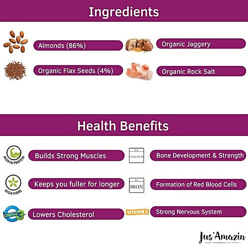 Jus Amazin Almond Butter - With Flax Seeds,  Vegan, 125 g Jar 