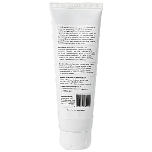 Greenberry Organics Detox Charcoal Face Wash - Vitamin C, Green Tea & Tea Tree, For All Skin Type, 100% Soap Free, 120 ml  100% Soap Free