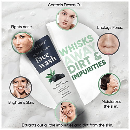 Greenberry Organics Detox Charcoal Face Wash - Vitamin C, Green Tea & Tea Tree, For All Skin Type, 100% Soap Free, 120 ml  100% Soap Free