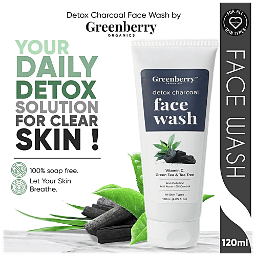 Greenberry Organics Detox Charcoal Face Wash - Vitamin C, Green Tea & Tea Tree, For All Skin Type, 100% Soap Free, 120 ml  100% Soap Free