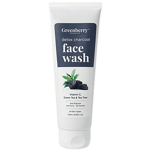 Greenberry Organics Detox Charcoal Face Wash - Vitamin C, Green Tea & Tea Tree, For All Skin Type, 100% Soap Free, 120 ml  100% Soap Free