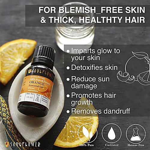 Soulflower Orange Essential Oil For Blemish Free Skin & Shiny Hair - 100% Natural & Organic, 15 ml  100% Pure