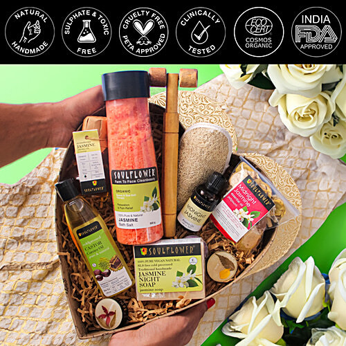 Soulflower Organic Heart Jasmine Bath & Body Gift Set For Men & Women, 10 pcs  