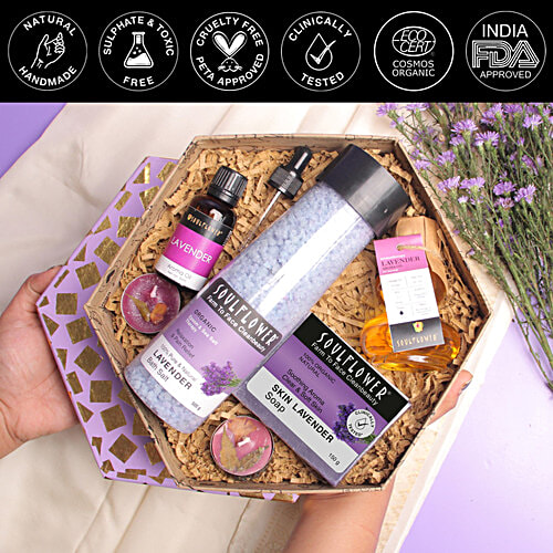 Soulflower Diwali Special Gift Box, Lavender Hexagon Pack For Him/Her, Organic Natural Karva Chauth, Bhai Dooj, 7 pcs