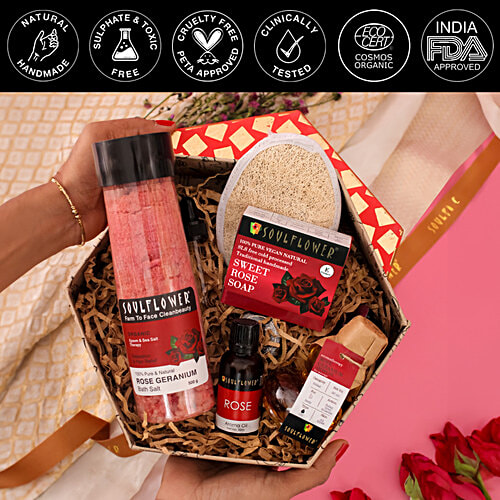 Soulflower Diwali Rose Beauty Kit & Gift Box Luxe Gift Pack For Her, Organic Natural, Karva Chauth Bhai Dooj, 5 pcs  