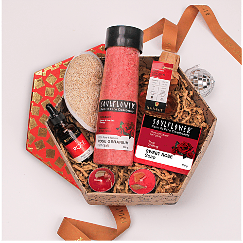 Soulflower Diwali Rose Beauty Kit & Gift Box Luxe Gift Pack For Her, Organic Natural, Karva Chauth Bhai Dooj, 5 pcs  