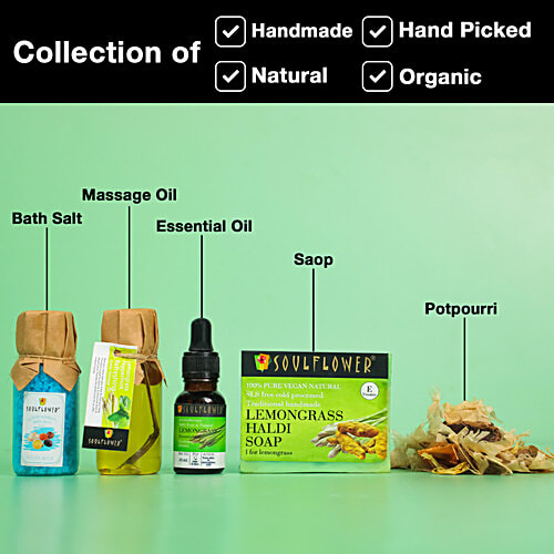 Soulflower Diwalis Day Bath & Body Gift Set, Lemongrass Try Me Gift Pack For Men Women, Skin Care, Organic, 5 pcs