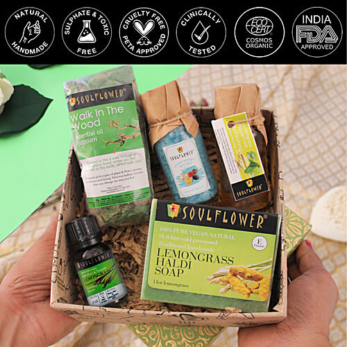 Soulflower Diwalis Day Bath & Body Gift Set, Lemongrass Try Me Gift Pack For Men Women, Skin Care, Organic, 5 pcs