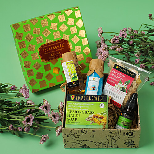 Soulflower Diwalis Day Bath & Body Gift Set, Lemongrass Try Me Gift Pack For Men Women, Skin Care, Organic, 5 pcs